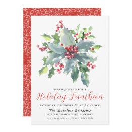 Small Classic Holly Berry Greenery Holiday Luncheon Invitation Front View