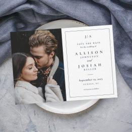 Small Classic Monogram Navy Blue And White Wedding Photo Save The Date Front View