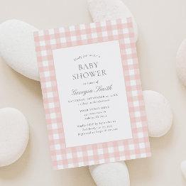 Small Classic Pink Gingham Girl Baby Shower Invitation Front View