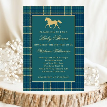 classic preppy plaid green equestrian baby shower invitation