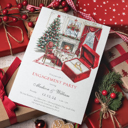 Small Classic Red Vintage Christmas Engagement Invitation Front View