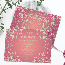 Small Classic Romantic Gold Pink Ornate Border Wedding Save The Date Front View