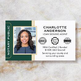 Small Classic Style Notary Signing Agent Id Green Gold Business Invitations Front View