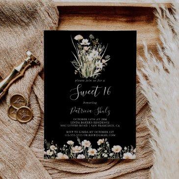 classic wildflower black sweet 16 birthday party invitation