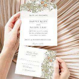 Small Classic William Morris Tear-away Rsvp Wedding All In One Invitation Front View