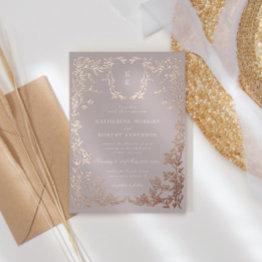 Small Classical Elegant Crest Monogram Wedding Foil Invitation Front View