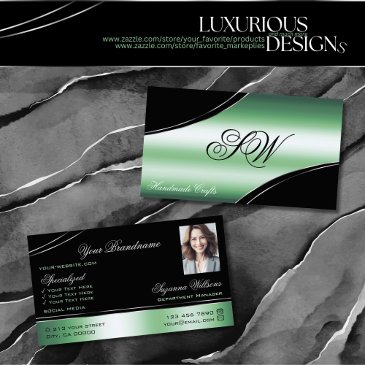 classy black green curved lines monogram and photo business invitations