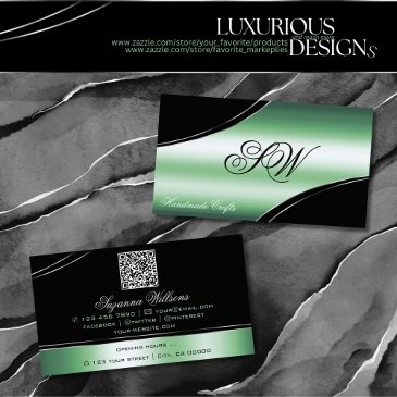 classy black green curved lines monogram qr code business invitations