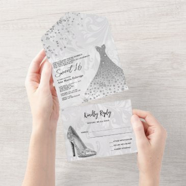 classy damask, silver stiletto & gown sweet 16 all in one invitation