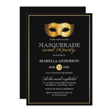 classy gold & black masquerade sweet 16 party invitation
