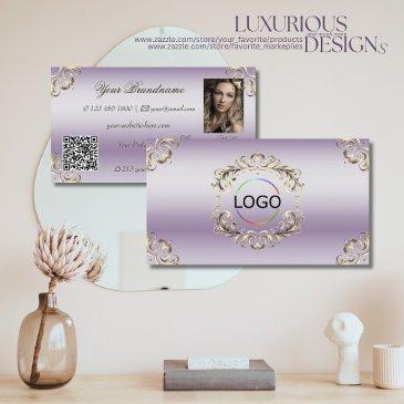 classy lavender gold ornate logo photo and qr code business invitations