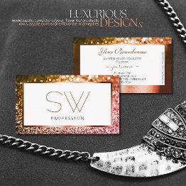 Small Classy Orange Pink Ombre Glitter White Monogram Business Invitations Front View
