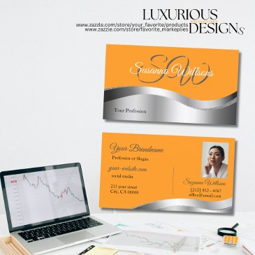 classy orange wavy silver decor initials and photo business invitations