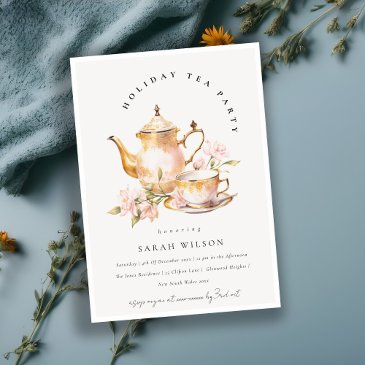 classy pink gold floral tea set holiday tea party invitation