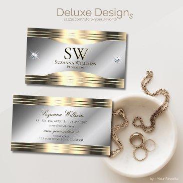 classy silver and gold shiny diamonds and monogram business invitations