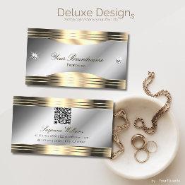 Small Classy Silver And Gold Shiny Diamonds With Qr Code Business Invitations Front View