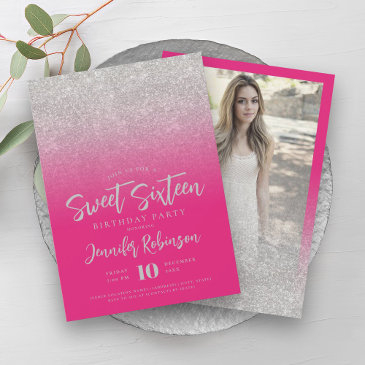 classy silver hot pink glitter photo sweet 16  invitation