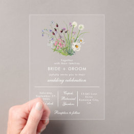 Small Clear Transparent Modern Wildflower Wedding Acrylic Invitations Front View