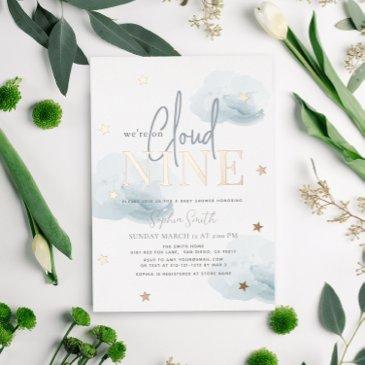 cloud 9 blue clouds watercolor boy baby shower foil invitation