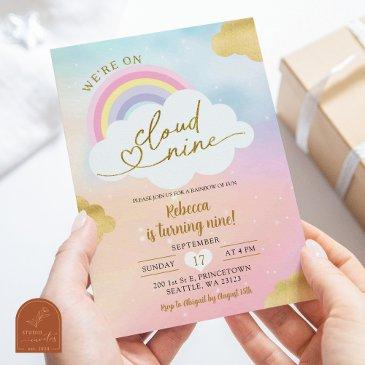 cloud and rainbow kid's colorful 9th birthday invitation