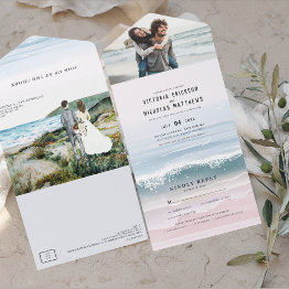 Small Coastal Ocean Beach All In One Wedding Invite Front View