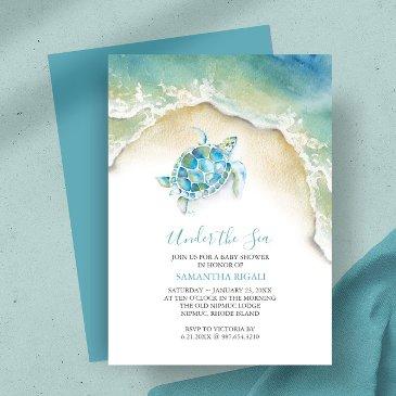 coastal seaturtle blue baby shower watercolor invitation