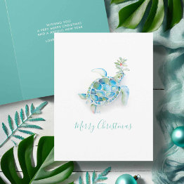 Small Coastal Watercolor Sea Turtle Beach Christmas Invitations Front View