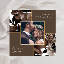 Small Cocoa Brown Floral Photo Wedding Save The Date Front View