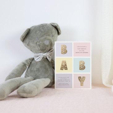color block pastel gold baby shower invitation