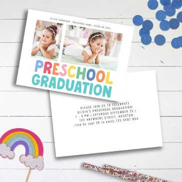 colorful 2 photo preschool graduation party invitation