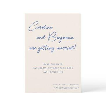 colorful blue ecru script handwriting wedding save the date