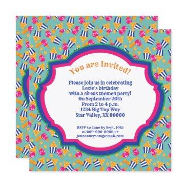 colorful circus snacks and show ponies birthday invitation