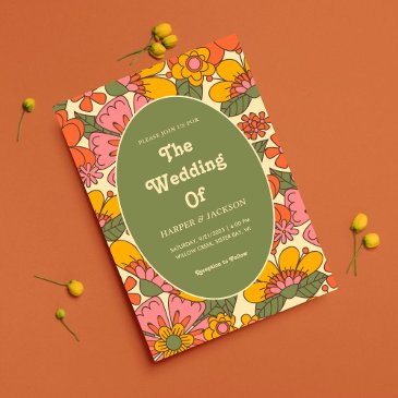 colorful flowers pattern retro boho 70s wedding invitation