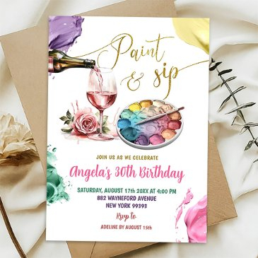 colorful gold paint and sip adult birthday party invitation