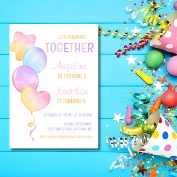 colorful heart star balloon joint birthday invitation