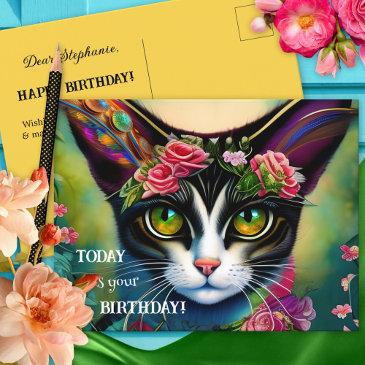 colorful hippie crazy cat lady birthday postinvitations