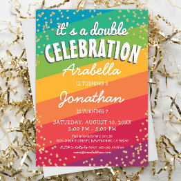 Small Colorful Joint Twin Birthday Party Invitation Front View