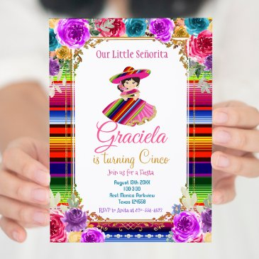 colorful mexican fiesta birthday gold girl  invitation