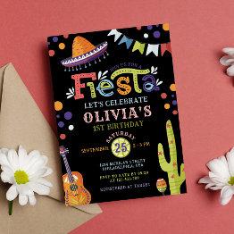 Small Colorful Mexican Fiesta First Birthday Black Invitation Front View