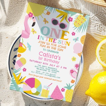 colorful one in the sun pool party 1st birthday invitation