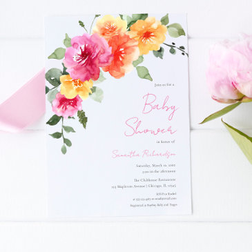colorful pink orange peonies girl baby shower invitation