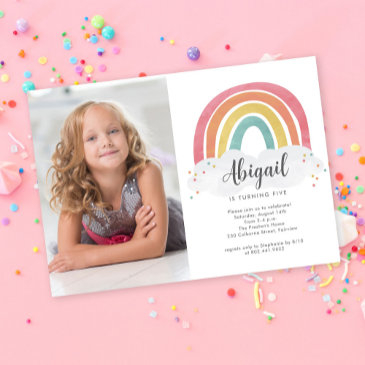colorful rainbow calligraphy photo kids birthday i invitation