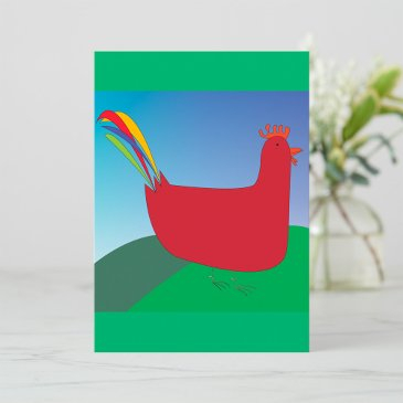 colorful red rooster with rainbow tail on hill invitation
