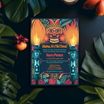 colorful tiki luau skull backyard birthday party invitation