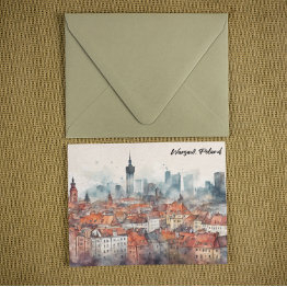 Small Colorful Warsaw Poland Watercolor Skyline Postinvitations Front View