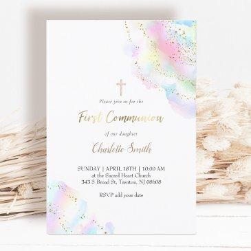 colorful watercolor splash | first communion girl invitation