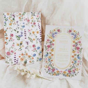 colorful wildflower meadow garden flowers wedding foil invitation