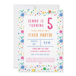 Small Colourful Pokadot Fiver Party Birthday Invitation Front View