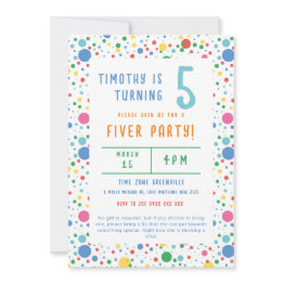 Small Colourful Pokadot Fiver Party Birthday Invitation Front View