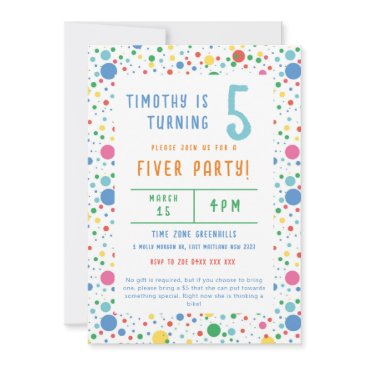 colourful pokadot fiver party birthday invitation